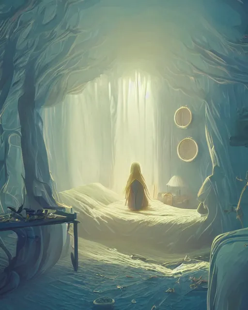 Image similar to beautiful painting of a elven bedroom, art by mike winkelmann, golden hour, illustration, highly detailed, simple, smooth and clean vector curves, no jagged lines, vector art, smooth, artstation