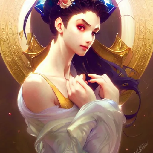 Image similar to Sailor Moon, fantasy, intricate, elegant, highly detailed, digital painting, artstation, concept art, matte, sharp focus, illustration, art by Artgerm and Greg Rutkowski and Alphonse Mucha