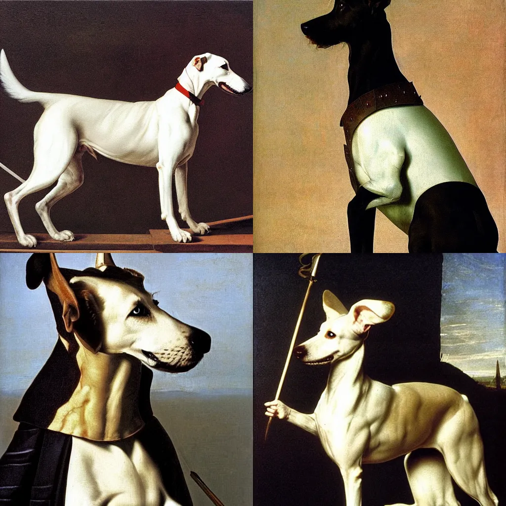 Prompt: white greyhound standing upright, wearing knights armor. Painted by Caravaggio