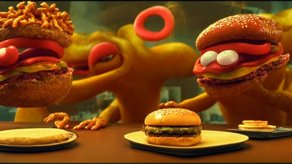 Image similar to the strange cheeseburger creature at the fast food place, film still from the movie directed by denis villeneuve and david cronenberg with art direction by salvador dali and zdzisław beksinski, wide lens