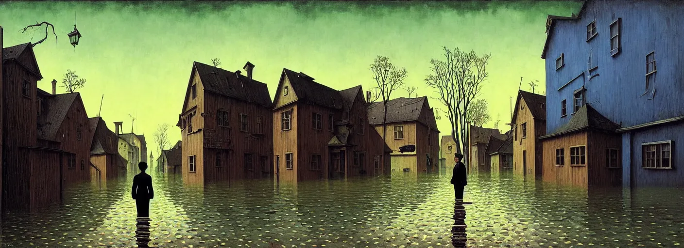 Image similar to flooded! old dark scary wooden empty cursed town street entance, very coherent and colorful high contrast masterpiece by gediminas pranckevicius rene magritte norman rockwell franz sedlacek, full - length view, dark shadows, sunny day, hard lighting, reference sheet white background