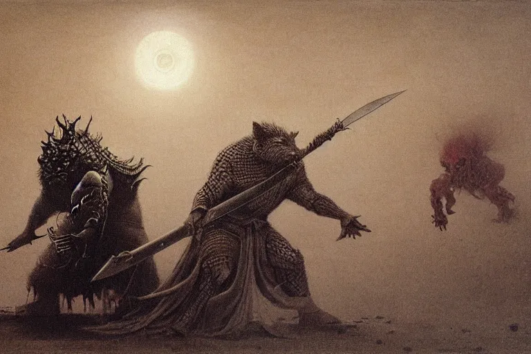 Prompt: grag the hog challenges rhilu the guardian of the last graveyard to a duel, but a higher entity watches over there misdeed and strikes them down using the blade of becnode by beksinski, 8 k,