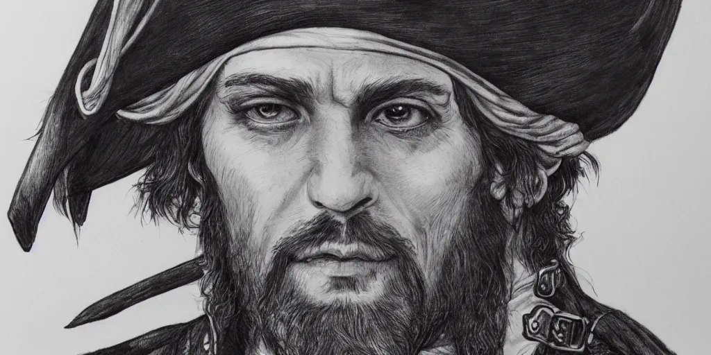 Image similar to realistic portrait of a handsome pirate captain with black hair, 1450, ink, ultra realistic, 8k