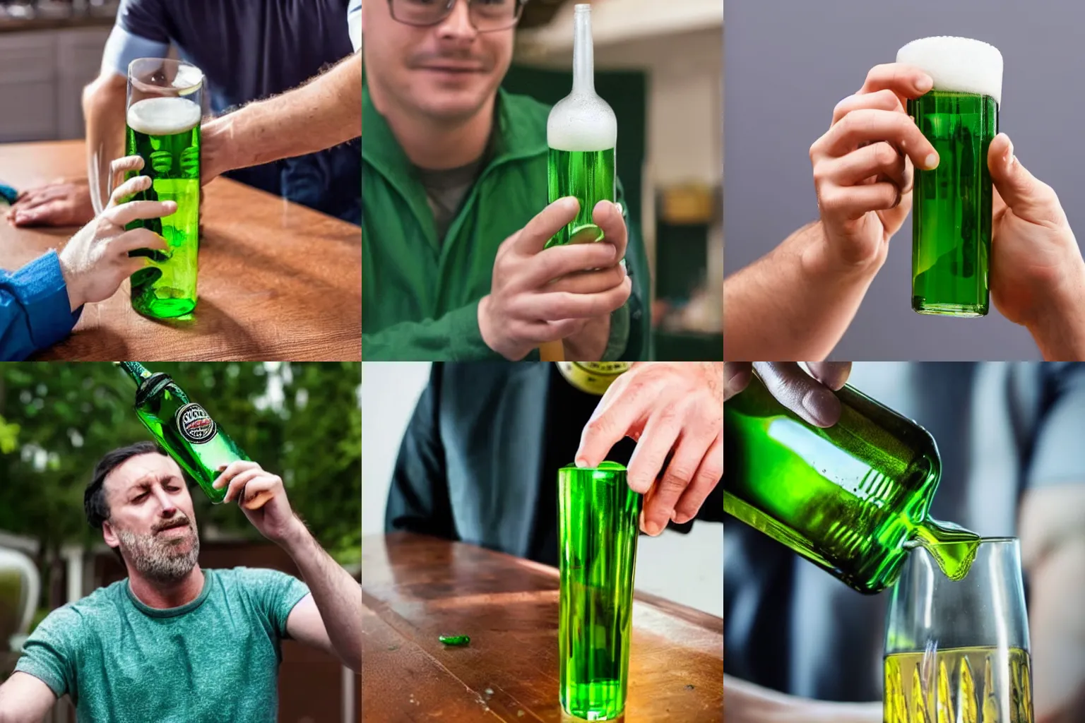 Prompt: a man measuing the length of a small green beer bottle
