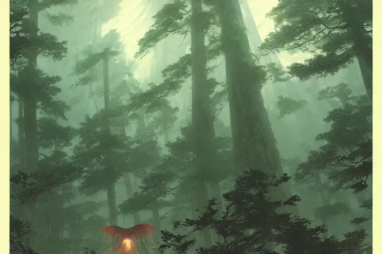 Image similar to huge red giant japanese fishes are flying betweeb the tall trees of a deep Bavarian forest at night. Looking up view, dramatic perspective.misty, mood. art by Greg Rutkowski and Craig Mullins and Alphonse Mucha and Moebius and Roger Deakins