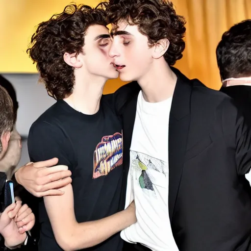 Image similar to timothee chalamet wearing a timothee chalamet tshirt while kissing timothee chalamet