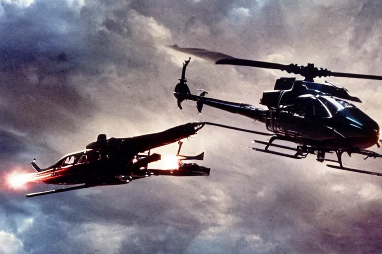 Image similar to Airwolf flying above Knight Rider, helicopter above sports car, action TV show, cinematic lighting, 1980s television show