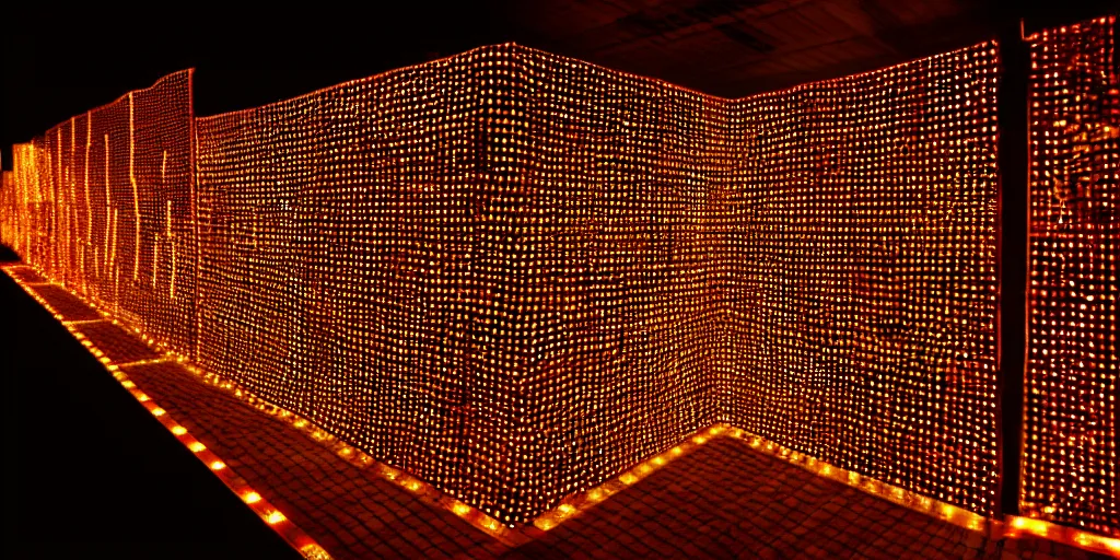 Image similar to 9-track machines made of digital grids and glowing stones with embedded LEDs. amber glowing screens.