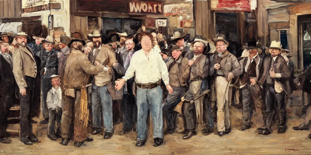 Prompt: oil painting of Phillip Seymour Hoffman as an old west banker surrounded by people in a busy old west town