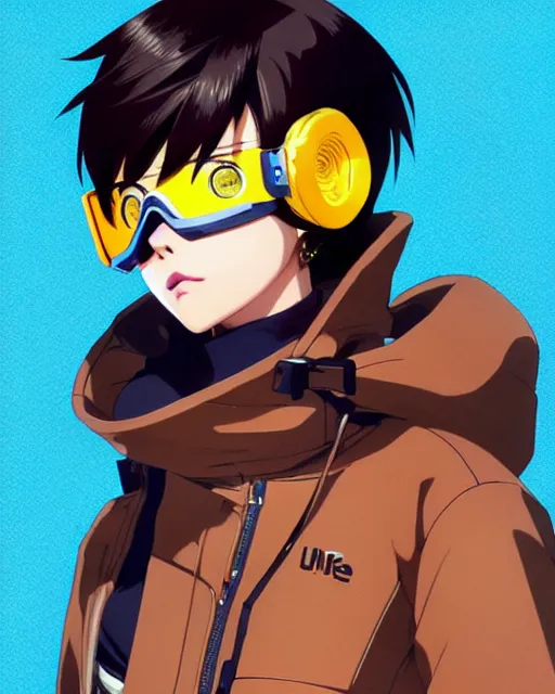 Prompt: Anime as Tracer Overwatch wearing snowboard mask, wearing brown leather coat || cute-fine-face, pretty face, realistic shaded Perfect face, fine details. Anime. realistic shaded lighting poster by Ilya Kuvshinov katsuhiro otomo ghost-in-the-shell, magali villeneuve, artgerm, Jeremy Lipkin and Michael Garmash and Rob Rey as Overwatch Tracer