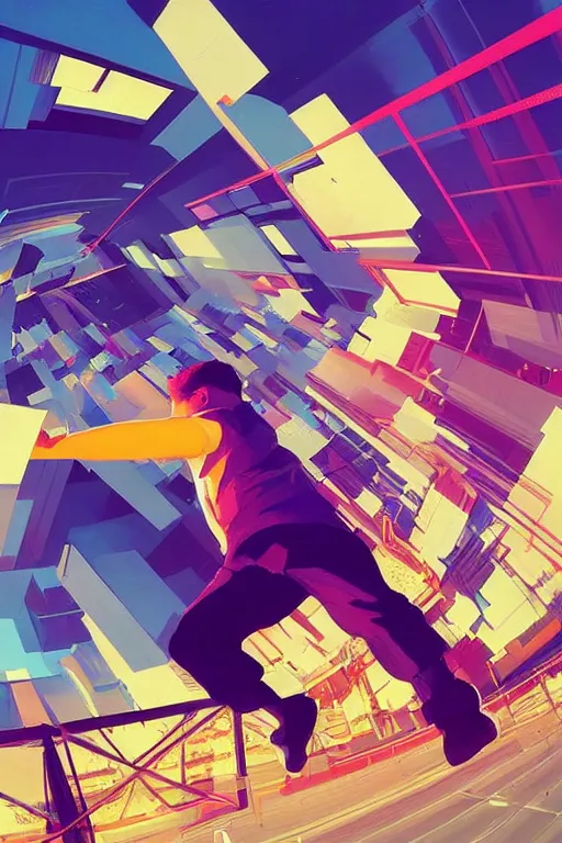 Prompt: wideangle action, parkour runner, flow zone, decoherence, synthwave, glitch!!, fracture, vortex, realistic, hyperdetailed, concept art, golden hour, art by syd mead, cubism