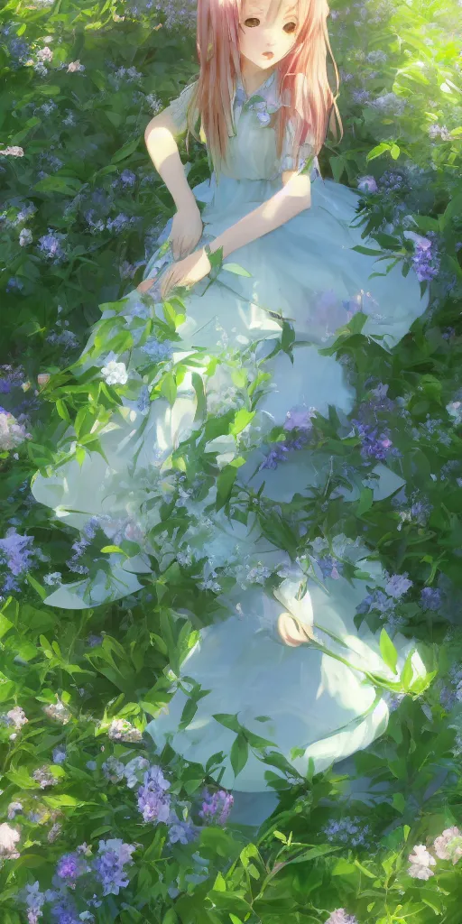 Prompt: a digital art of a loli with long hair in a dress in the privet garden at after noon, green and warm theme, blue flowers accents, back lighting, by krenz cushart and akihito yoshida and greg rutkowski and makoto shinkai, highly detailed, 4 k resolution, trending on art station