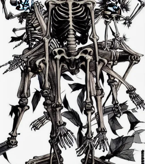 Prompt: a skeleton wearing a morticians outfit is pruning plants sprouting from a body, comic book art, by yoji shinkawa and takehiko inoue and kim jung gi, masterpiece, perfect