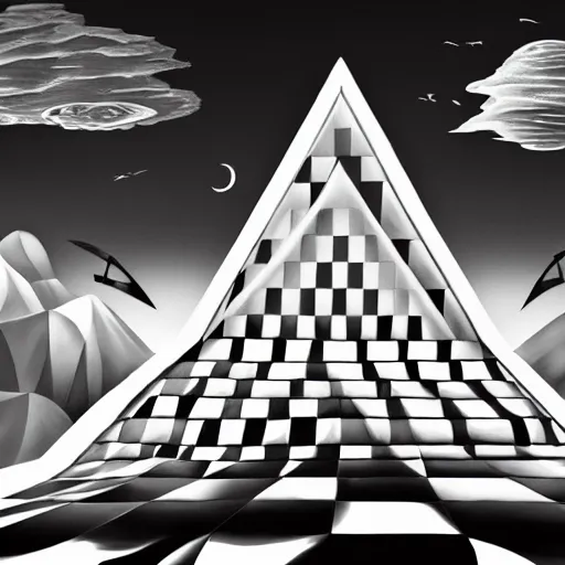 Image similar to A black and white freemasonic chequered surrealist digital painting of a stairway to into the clouds in the art style of jeff koons, Gilbert williams, Edwin Frederic Church and Christopher Balaskas, trending on artstation, 4k UHD