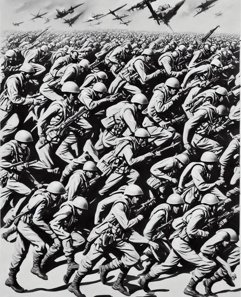 Image similar to a beautiful painting of running soldiers in el alamein battle, wwii,, black and white, painted by escher