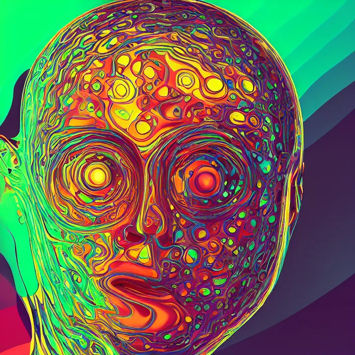 Image similar to illustration of a colorful melting human head. circles, ferrofluids, water distortions. intricate abstract. intricate artwork. beeple