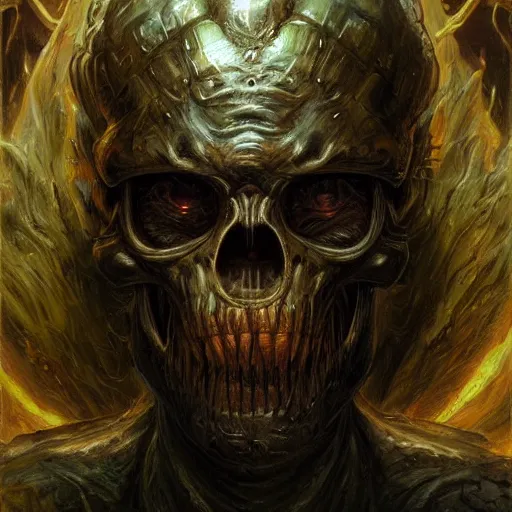 Image similar to realistic scifi monster in hell, closeup portrait art by donato giancola and greg rutkowski, realistic face, digital art, trending on artstation, skull helmet, symmetry!!!