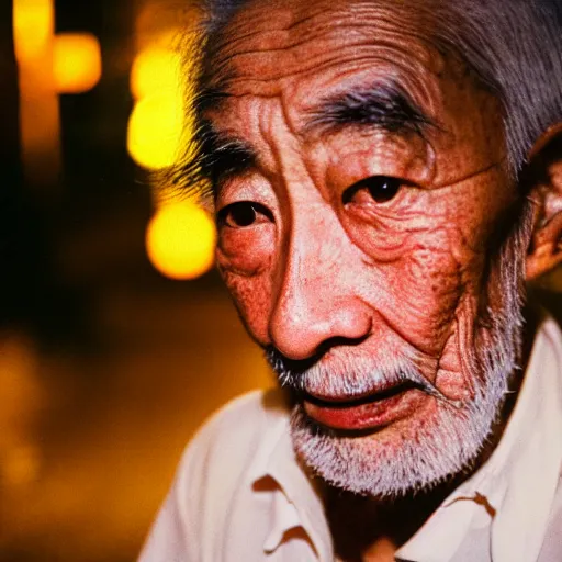 Image similar to portrait, old man in tokyo at night, wearing gold chain, gold rings, cinestill 8 0 0,