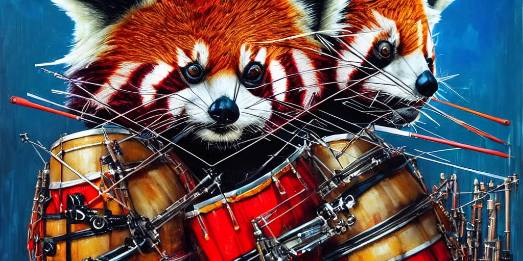 Prompt: a portrait of an anthropomorphic cyberpunk single red panda playing a drum set by sandra chevrier, by jon foster, detailed render, tape deck, epic composition, bass drum, lots of cymbals, high hat, cybernetics, 4 k realistic, cryengine, realistic shaded lighting, sharp focus, masterpiece, by enki bilal