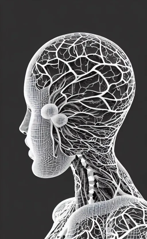 Image similar to a black and white 3D render of a beautiful profile face portrait of a female vegetal-dragon-cyborg, 150 mm, orchid stems, fine lace, Mandelbrot fractal, anatomical, flesh, facial muscles, cable wires, microchip, veins, arteries, full frame, microscopic, elegant, highly detailed, flesh ornate, elegant, high fashion, rim light, octane render in the style of H.R. Giger and Man Ray