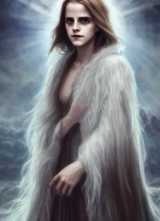 Prompt: Portrait of Emma Watson, white glowing eyes, silver shaggy hair, cloak, ethereal wings, male, fantasy, extremely detailed, digital painting, artstation, concept art, smooth, sharp focus, illustration, stunning lighting, art by artgerm and greg rutkowski and alphonse mucha and simon stalenhag, realistic character concept, high fantasy, light atmosphere, golden ratio, cinematic lighting, hyperdetailed, high resolution, insanely detailed and intricate, artstation, Marc Simonetti, Greg Rutkowski, 8k