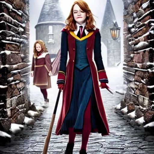 Image similar to emma stone as hermione granger, in hogsmeade