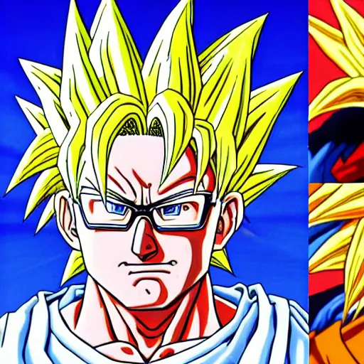 Image similar to ultra realistic portrait painting of bernie sanders as super saiyan goku, art by akira toriyama, 4 k, dragon ball artstyle, cel shaded, highly detailed, epic lighting