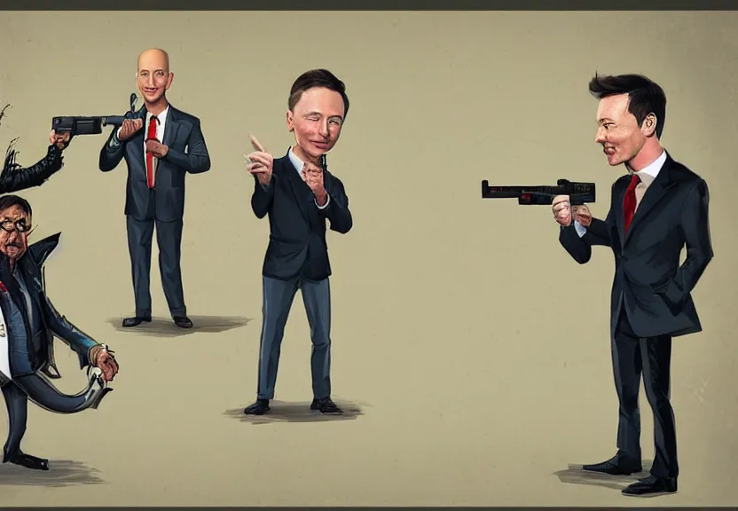 Prompt: Jeff Bezos, elon musk and bill gates in a mexican standoff, Wlop, Artstation trending