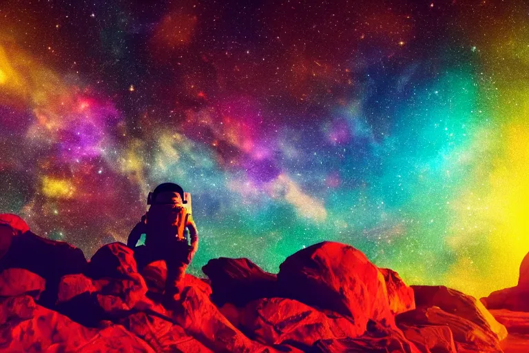 Image similar to Wide shot of a colorful astronaut sitting on a rock in space designed by Lisa Frank, lonely, glows, cinematic lighting, ambient light,