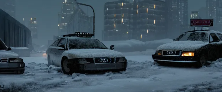 Image similar to Audi A4 B6 Avant (2002), a gritty neo-noir, dramatic lighting, cinematic, eerie person, death, homicide, homicide in the snow, viscera splattered, gunshots, establishing shot, extremely high detail, photorealistic, arson, burning city, cinematic lighting, artstation, by simon stalenhag, Max Payne (PC) (2001) winter New York at night, In the style of Max Payne 1 graphic novel, flashing lights, Poets of the Fall - Late Goodbye