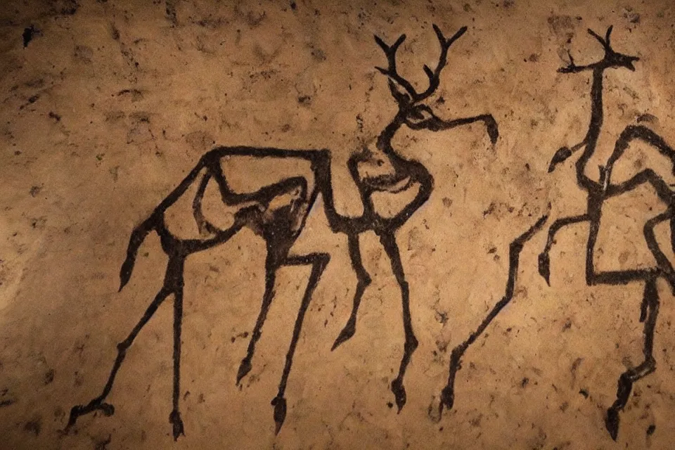 Image similar to a cave painting of a deer and a 1 9 5 0 s sci - fi robot. lascaux cave paintings, chauvet