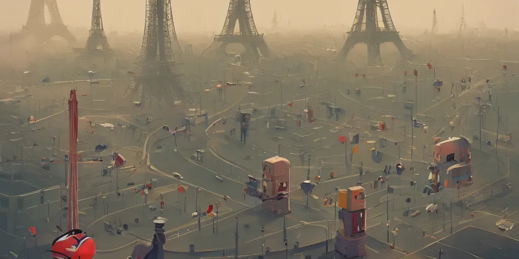 Image similar to Cartoon characters at the Eiffel Tower by Goro Fujita and Simon Stalenhag , 8k, trending on artstation, hyper detailed, cinematic