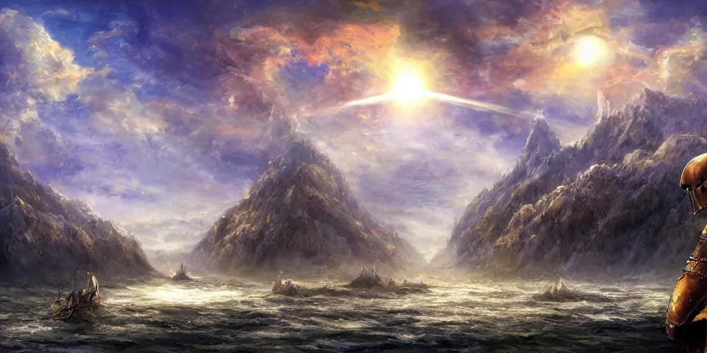 Prompt: digital fantasy medieval knight watching alien battlestar starship spaceship arriving, mountain painting high resolution devianart detailed dreamy, clouds, river, birds on sky, boat