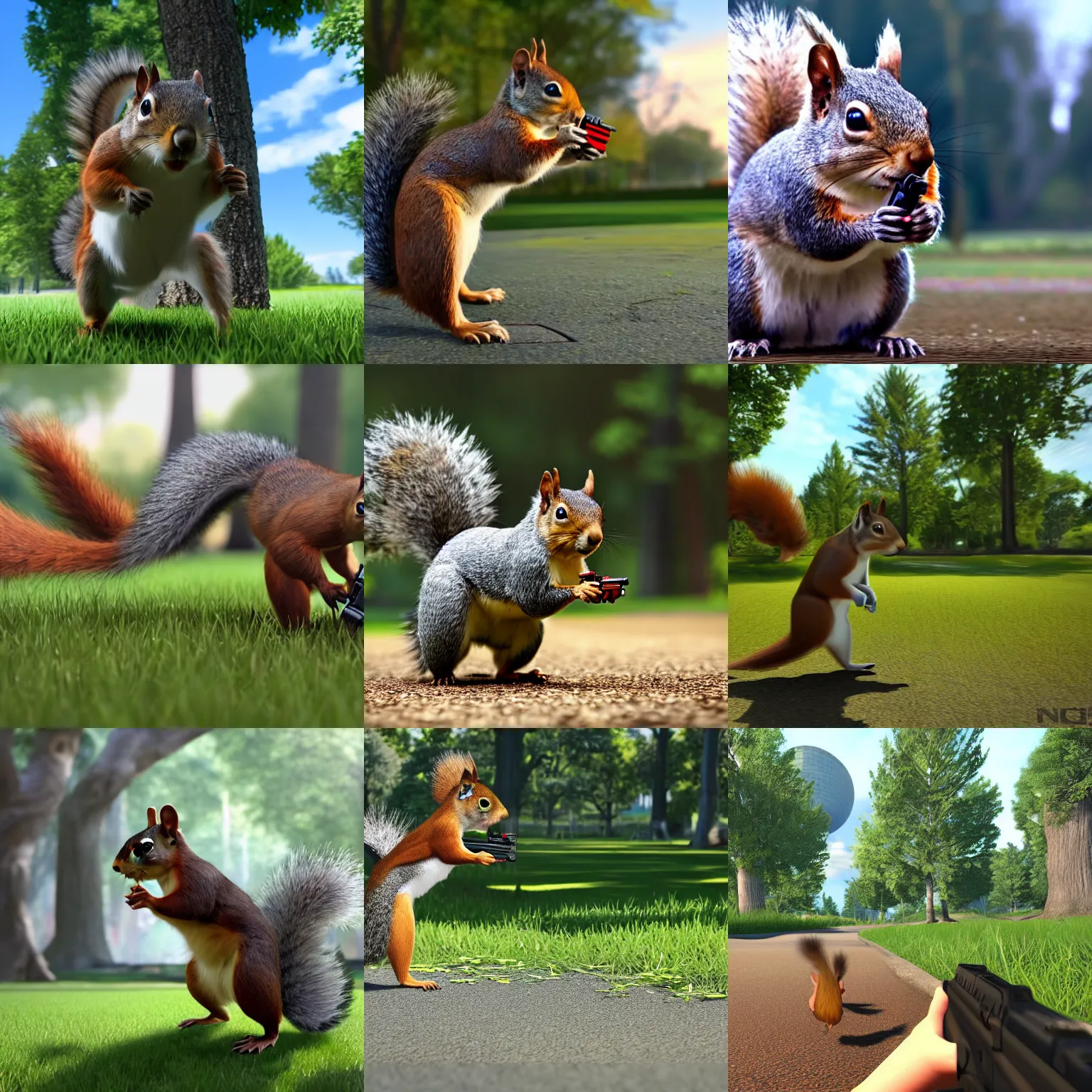 Prompt: a squirrel running through a park carrying a glock, realistic, unreal engine, screenshot, squirrel wielding a gun