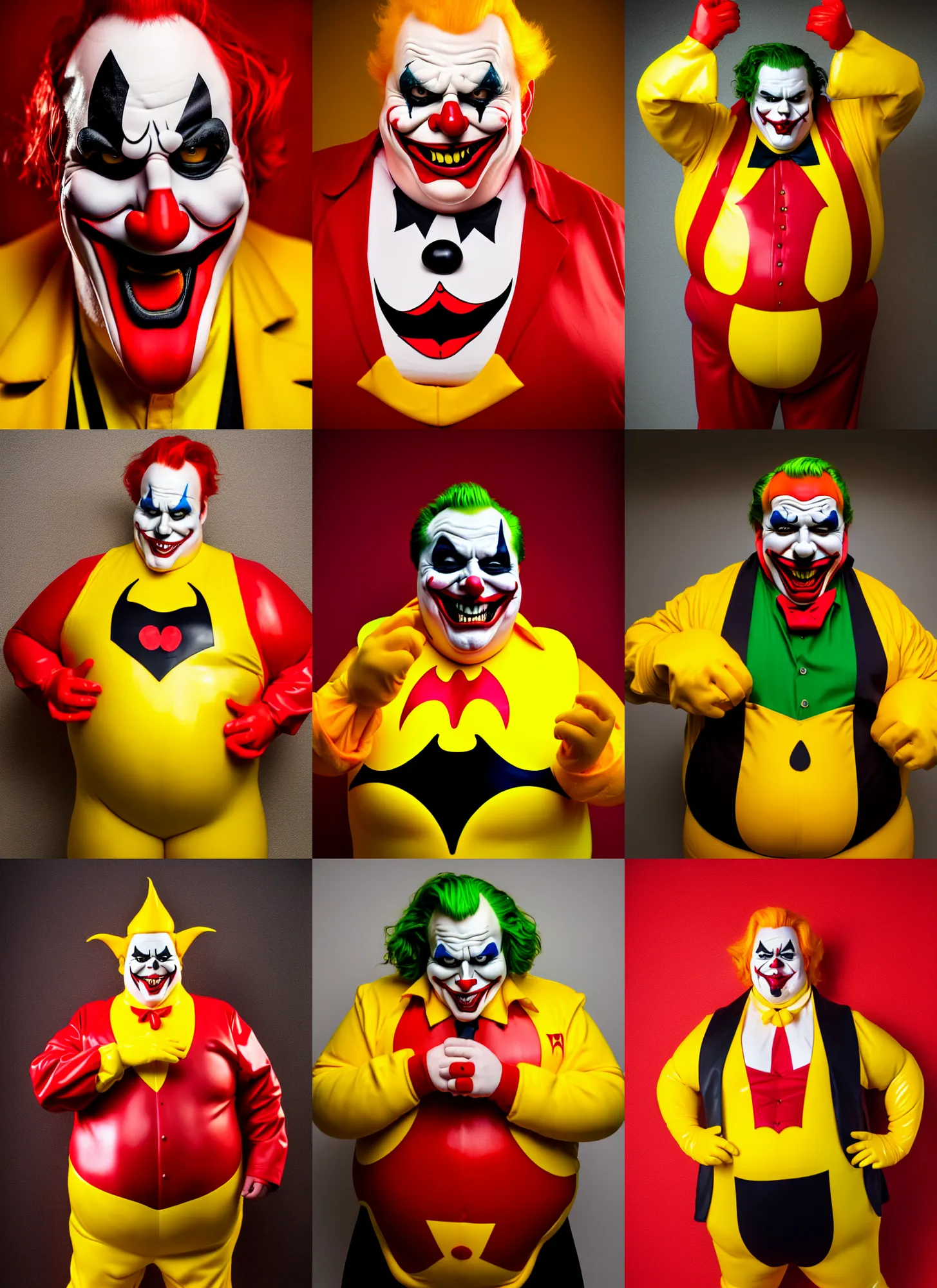 Prompt: Portrait of very fat sinister looking joker dressed in yellow and red rubber latex Ronald Macdonalds costume, red hair, a red M on the chest, volumetric lighting, 4k