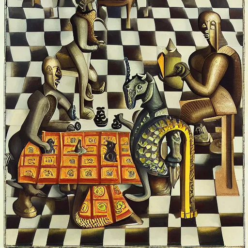 Image similar to portrait of a chessboard, with dragons and elephants as chess pieces, highly detailed, in the style of Giorgio de Chirico