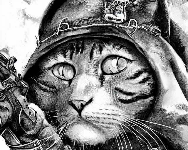 Prompt: A cat as a soldier in a world war 1 trench, close-up, black and white, amazing digital art, hyper detailed, artstation, in the style of Tony Sart