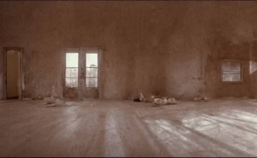 Image similar to screenshot photo low angle interior of a house built on nothing and something for the nothing underneath, scene from being john malcovich film directed by charlie kaufman ( 2 0 0 1 ), moody cinematography, 2 4 mm anamorphic lens, 3 5 mm film