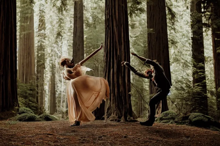 Image similar to cinematography closeup portrait of couple dancing in the redwood forest, thin flowing fabric, natural light by Emmanuel Lubezki