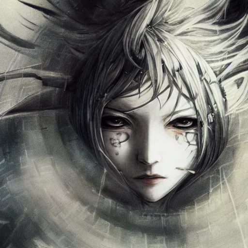 Image similar to Yoshitaka Amano blurred and dreamy illustration of an anime girl with black eyes, wavy white hair and cracks on her face wearing elden ring armour with the cape fluttering in the wind, abstract black and white patterns on the background, noisy film grain effect, highly detailed, Renaissance oil painting, weird portrait angle