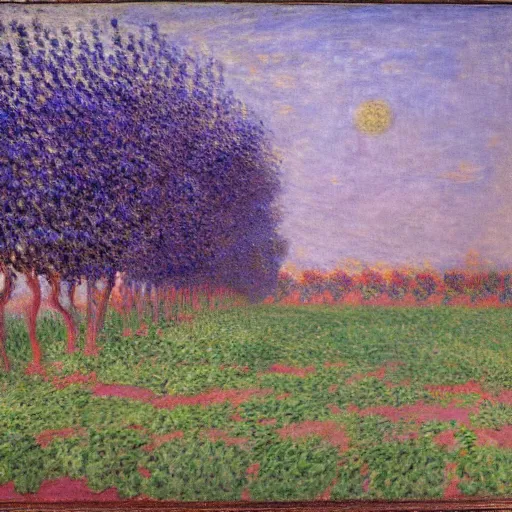 Image similar to deep purple artificial, cosy by fra angelico, by claude monet. a beautiful sculpture depicting a farm scene. the sculpture shows a view of an orchard with trees in bloom.