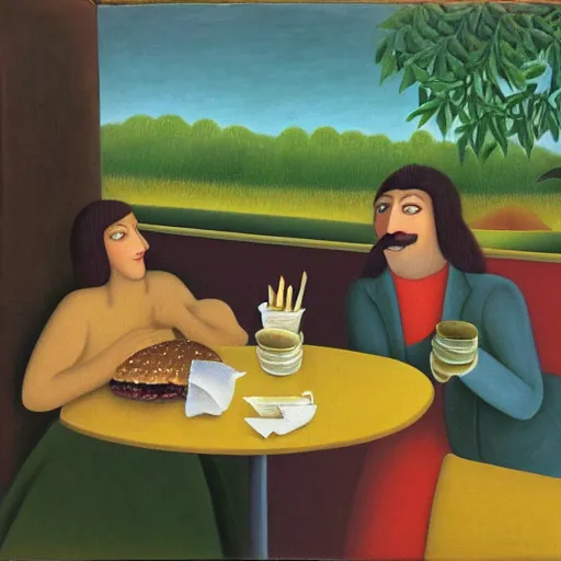 Prompt: a happy hippie eating a hamburger in a diner, oil painting by henri rousseau