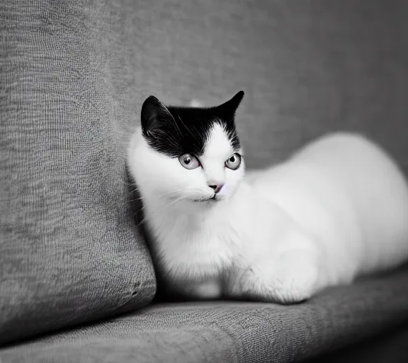 Image similar to a cute white oriental short-haired cat standing on comfy black and white pillows, photograph, 4k, HD