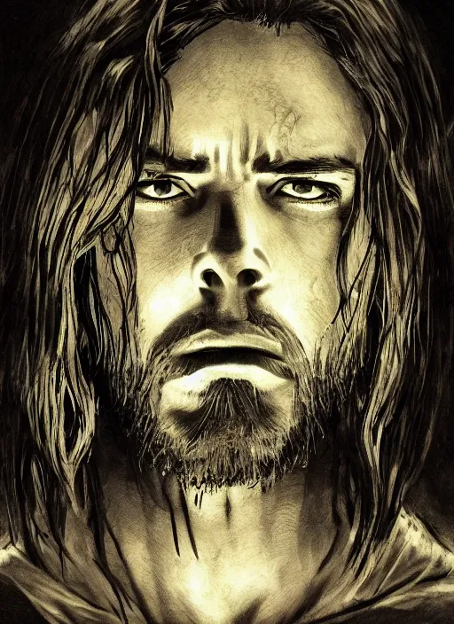 Prompt: Jesus with fire in his eyes, dark colors, sinister atmosphere, dramatic lighting, cinematic, establishing shot, extremely high detail, photo realistic, cinematic lighting, pen and ink, intricate line drawings, by Kohei Horikoshi, post processed, concept art, artstation, matte painting, style by eddie mendoza, raphael lacoste, alex ross