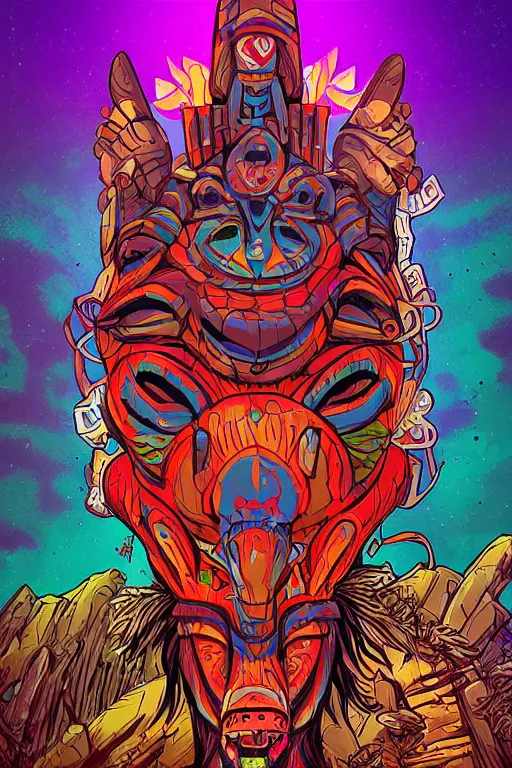 Image similar to totem animal tribal chaman vodoo mask feather gemstone plant wood rock video game illustration vivid color borderlands by josan gonzales and dan mumford radiating a glowing aura