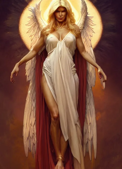 Prompt: portrait of victoria silvstedt as an angel, bible, katholic, intricate, headshot, highly detailed, digital painting, artstation, concept art, sharp focus, cinematic lighting, illustration, art by artgerm and greg rutkowski, alphonse mucha, cgsociety