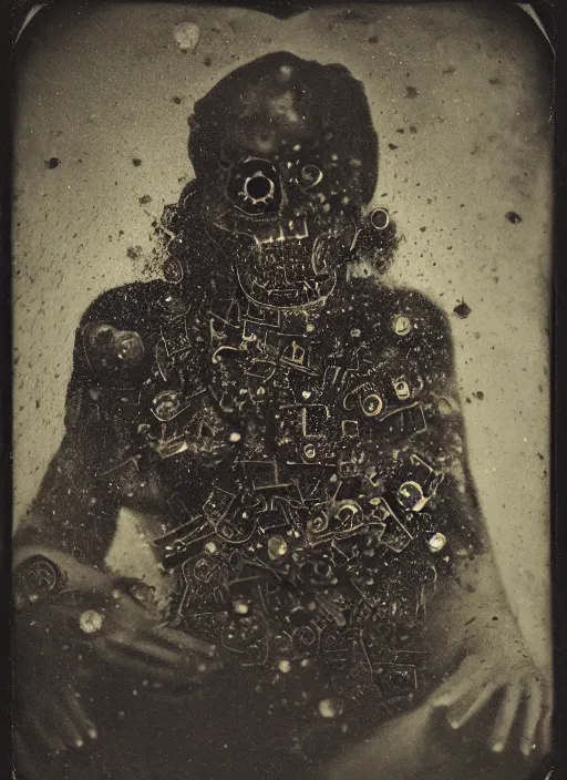 Image similar to old wetplate daguerreotype portrait of the necromancer, explosion of data fragments, fractal, intricate, elegant, highly detailed, parallax, leica, medium format, subsurface scattering, by jheronimus bosch and greg rutkowski and louis jacques mande daguerre