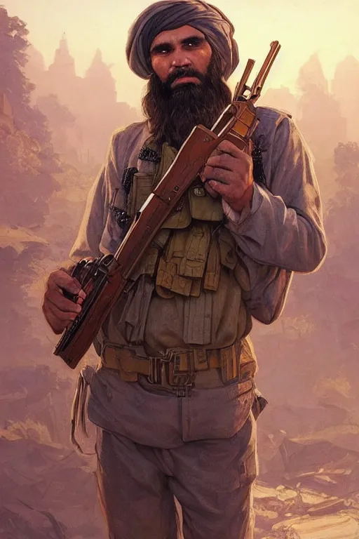 Image similar to male cottagecore taliban leader holding a kalashnikov rifle, urban warfare background, golden hour, intricate, elegant. highly detailed, digital painting, artstation, concept art, smooth, sharp, focus, illustration.. art by artgerm and greg rutkowski and alphonse mucha