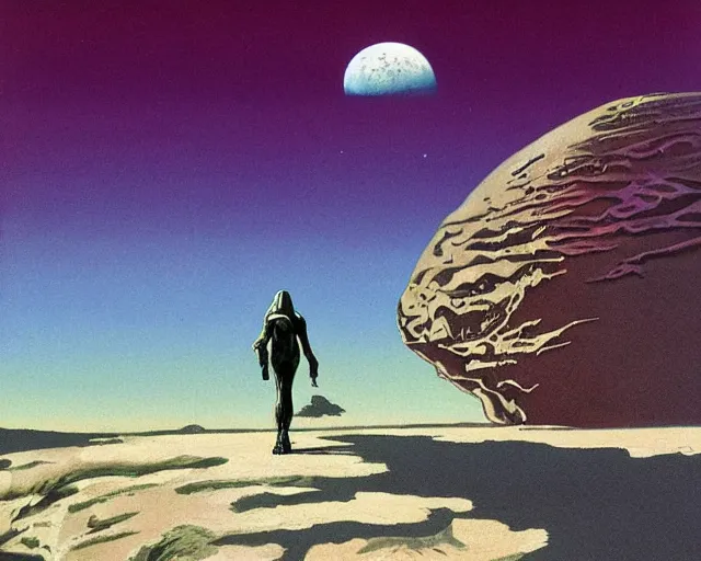 Image similar to roger dean 1 9 8 0 s art of a lone wanderer walking in the dry desert of a strange bizarre alien planet surface, moon in sky, imagery, illustration art, album art