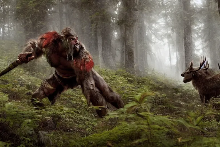 Image similar to vfx movie closeup detailed ancient warrior orc hunting elk in the forest, natural lighting by emmanuel lubezki